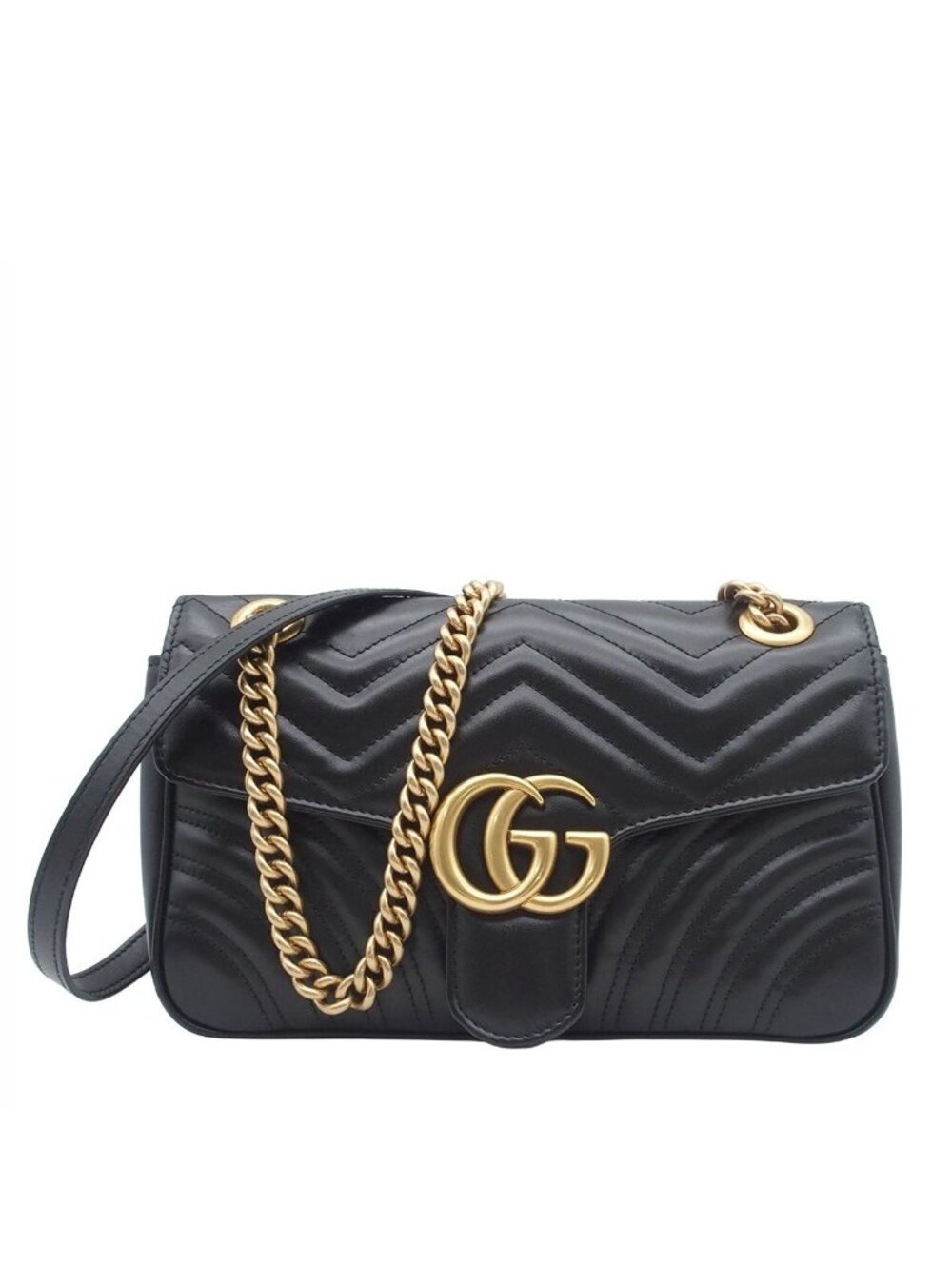 Gucci GG Marmont ‎ Black Leather Medium Shoulder Bag Chevron Double